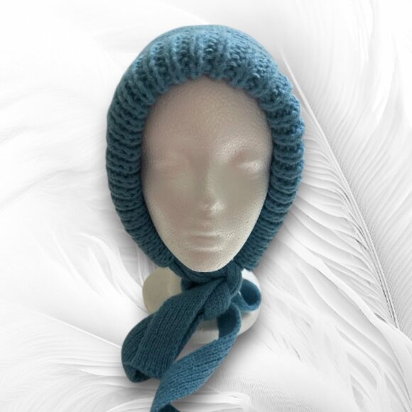 Blue Knit Balaclava Hood Soft Winter Bonnet Hat with Ties Cozy Women’s Warm Knit - Picture 3 of 8